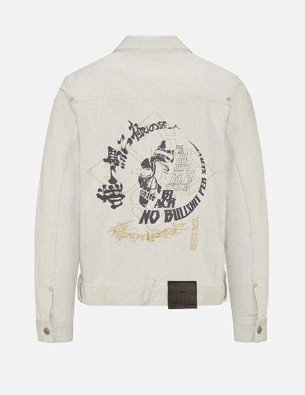 Hannya Skull and Slogan Print Denim Jacket Welt Pockets Slit Pockets Flap Pockets