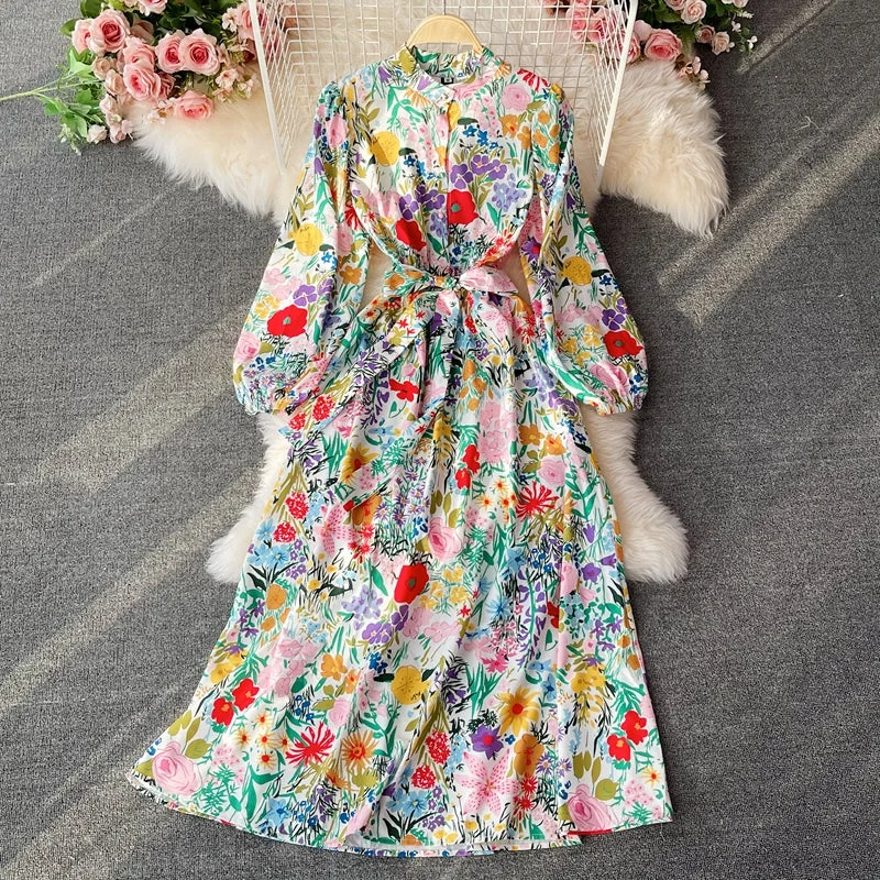 Stand collar bubble sleeve fashion printed waist length skirt  3191 chiffon skirt airy