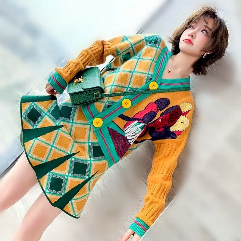 Spring Autumn women's cartoon knitted skirts suits casual colorful cardigans sweaters and Spliced Skirt suits NS961 Neon metallic Matte
