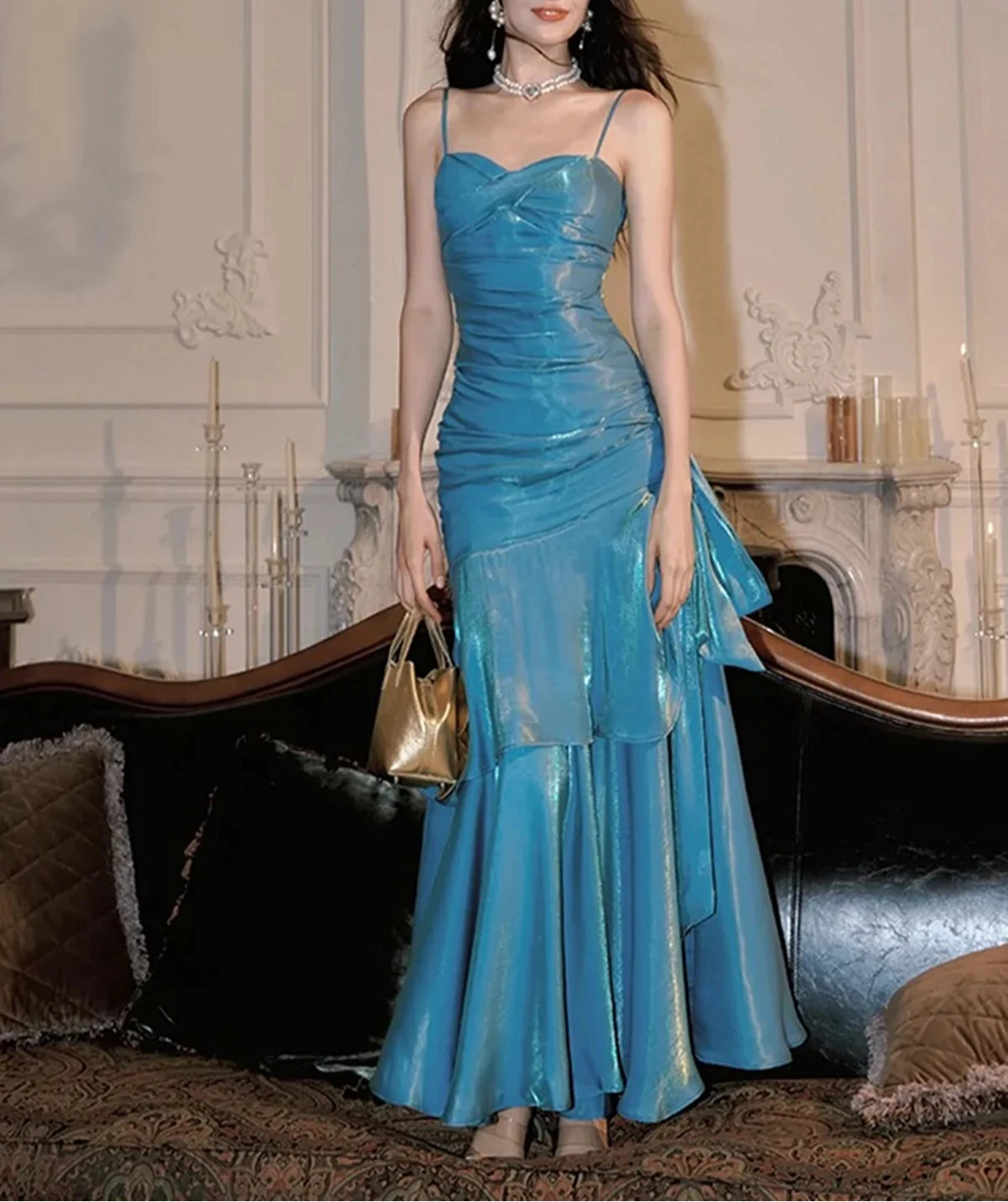 Blue Spaghetti Straps A-Line Chiffon Long Party Dress, DP4183 Tunics Brand named