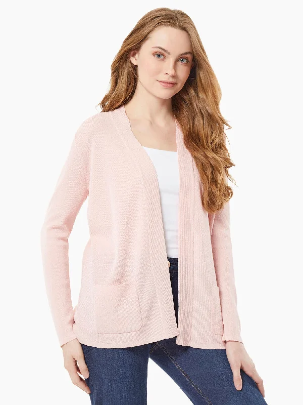 Open Front Cardigan With Pockets Solid Print Embellished
