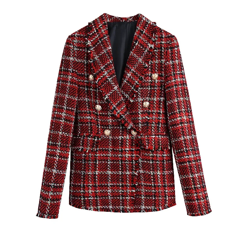 European and American fast double-breasted plaid frayed casual suit jacket female autumn 2022 new Satin Fabric Silk Fabric Chiffon Fabric