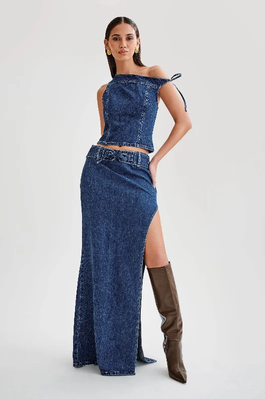 Ramsey Denim Maxi Skirt With Split - Dark Blue chiffon skirt airy