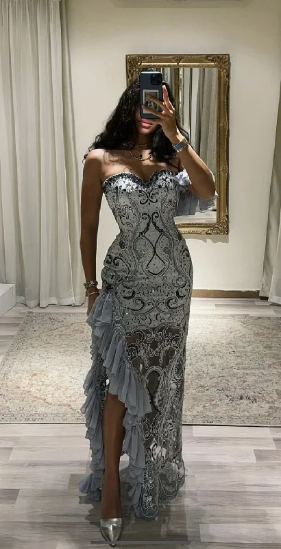 Light Blue Sweetheart Sheath Ruffles Beading Long Evening Party Dress, DP4368 Tunics Gym athletic