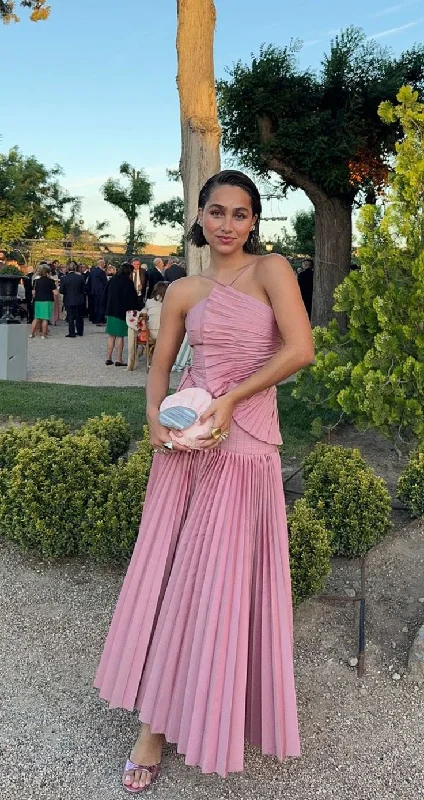 Unique Pink Satin Pleated Prom Party Dress cc2325 Tunics New arrival