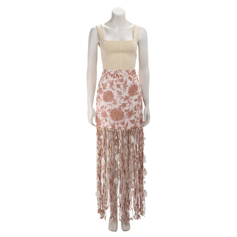 Zimmermann Tan Tonal Floral Postcard Fringed Skirt 0 silk skirt lustrous