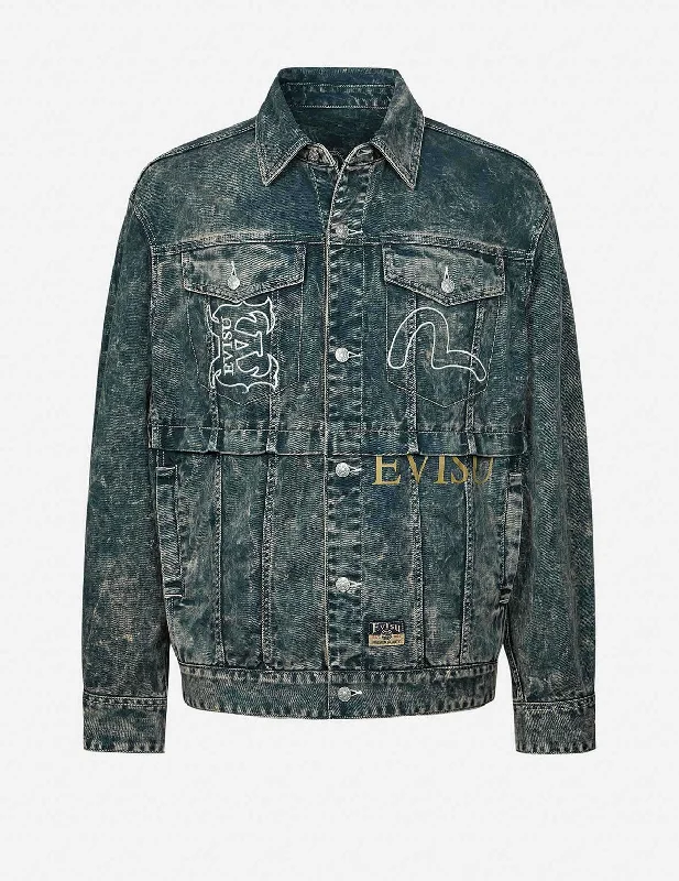 Multi-Print and Embroidery Acid-Wash Fashion Fit Denim Jacket Print Jacket Jacquard Jacket Embroidered Jacket