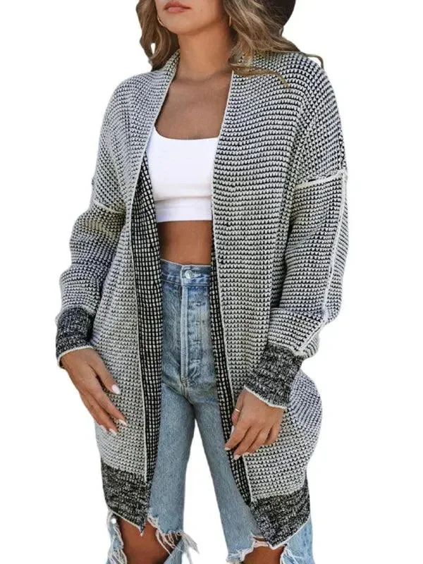 Mid-Length Knitted Women's Cardigan Sweater Mesh Blend Leather Blend Suede Blend