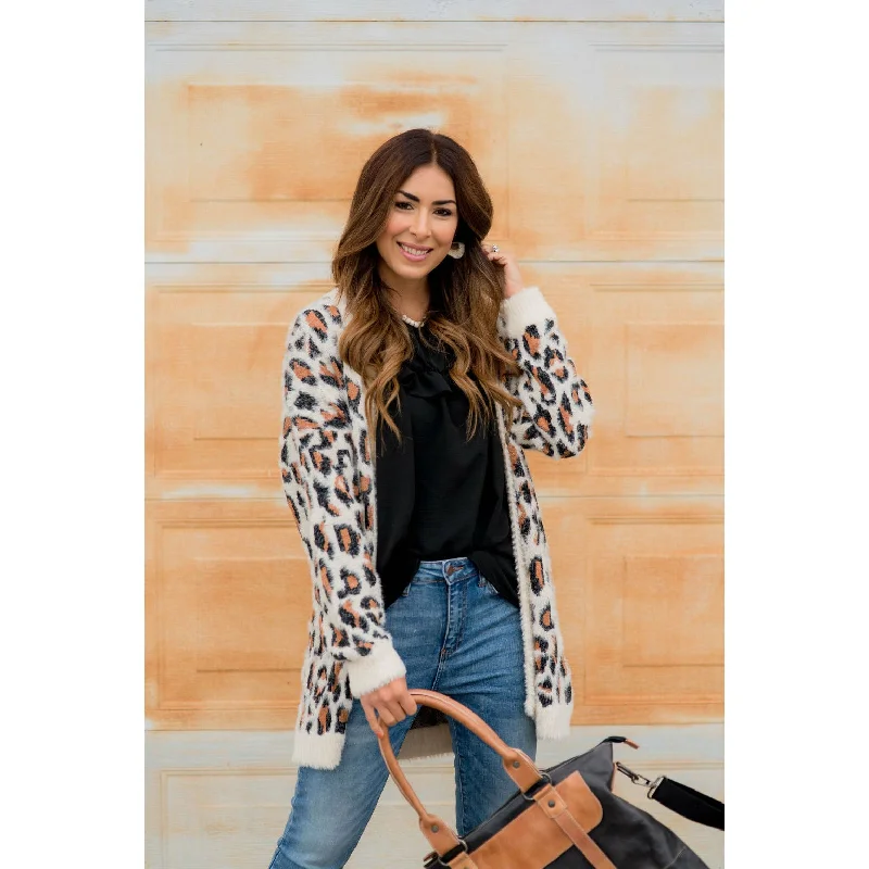 So Soft Solid Trimmed Leopard Cardigan Spandex Rayon Corduroy