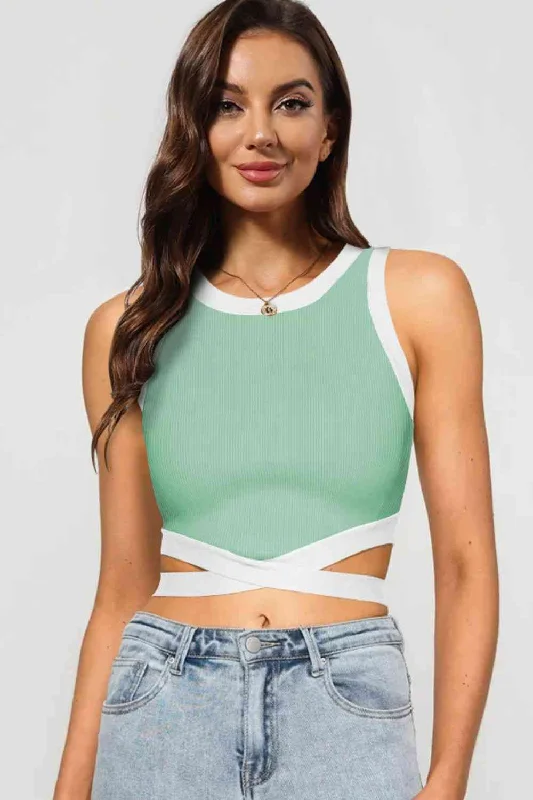 Contrast Tie Back Round Neck Tank cropped tank top