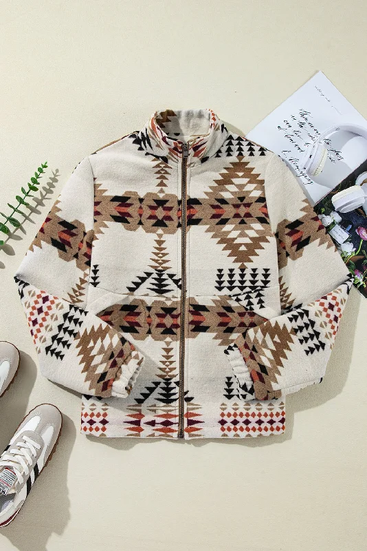 Aztec Printed Stand Neck Zip Up Jacket Hoodie Zip-Up Jacket Button-Up Jacket