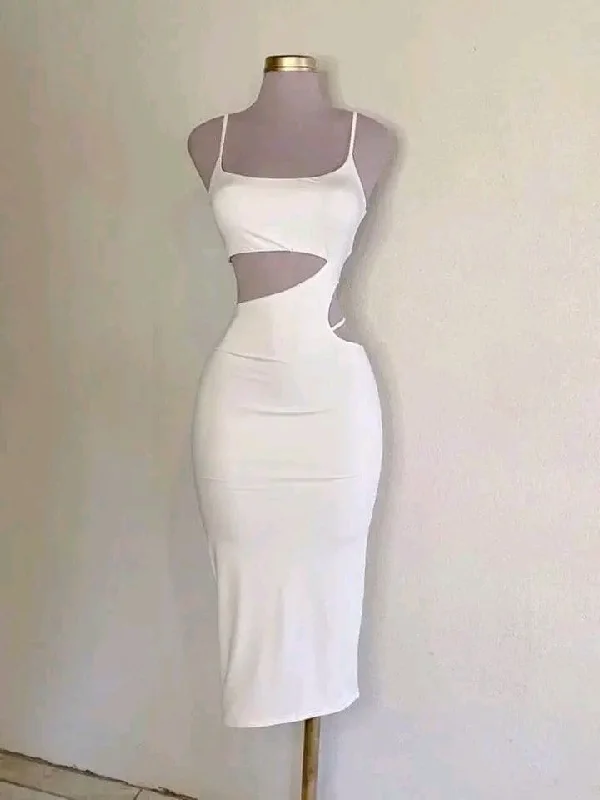 White Spaghetti Straps Sheath Cocktail Dress Evening Party Dress, DP4101 Halter Neckline Beach