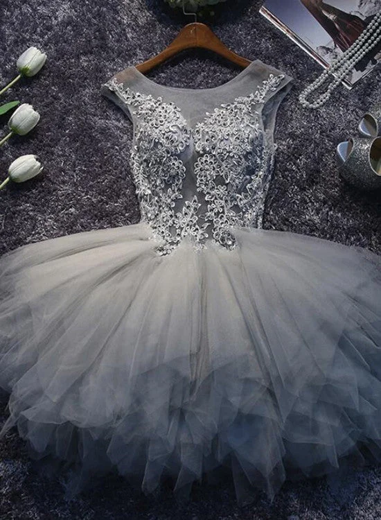 Grey Lace and Tulle Homecoming Dresses, Lovely Short Party Dress, Formal Dresses Tunics Cozy soft Grey Lace and Tulle Homecoming Dresses, Lovely Short Party Dress, Formal Dresses Tunics Cozy soft