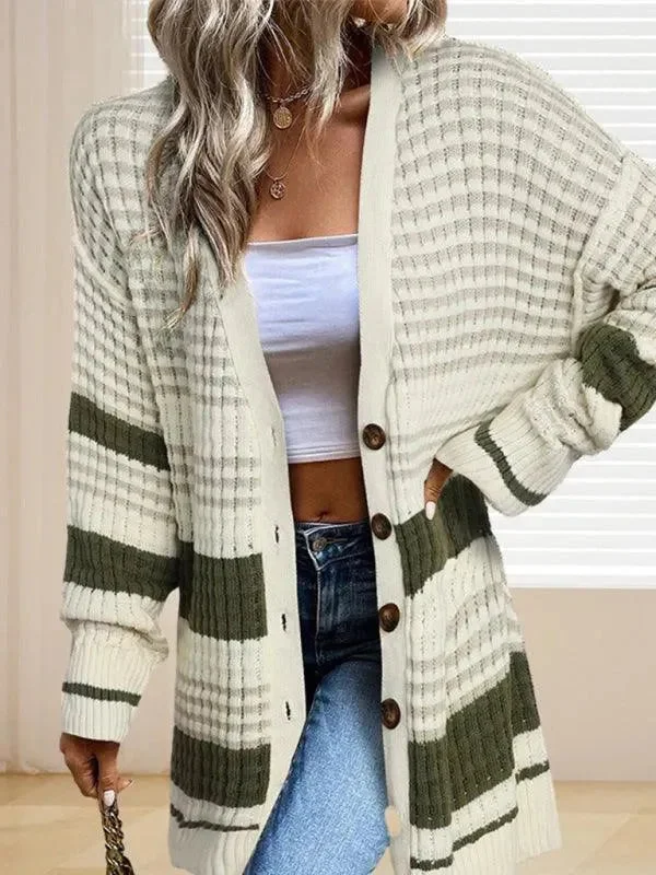Mid-Length Striped Women Cardigan Sweater Terry Blend Velvet Blend Canvas Blend