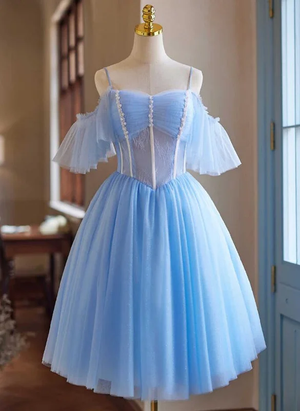 Light Blue Beaded Knee Length Tulle Party Dress, Light Blue Homecoming Dress Tunics Bridal satin Light Blue Beaded Knee Length Tulle Party Dress, Light Blue Homecoming Dress Tunics Bridal satin