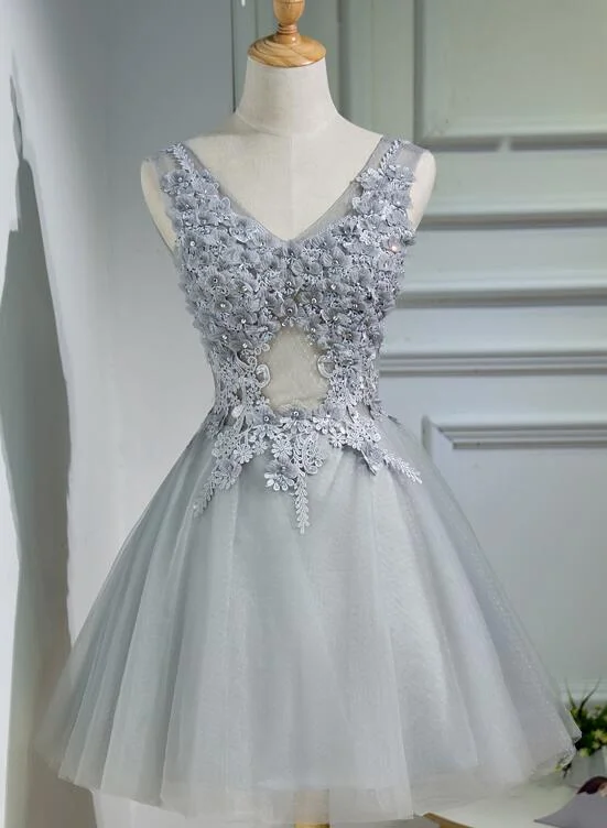 Beautiful Grey Tulle V-neckline Lace Applique Beaded Short Party Dress, Grey Homecoming Dresses Tunics Handmade artisanal Beautiful Grey Tulle V-neckline Lace Applique Beaded Short Party Dress, Grey Homecoming Dresses Tunics Handmade artisanal