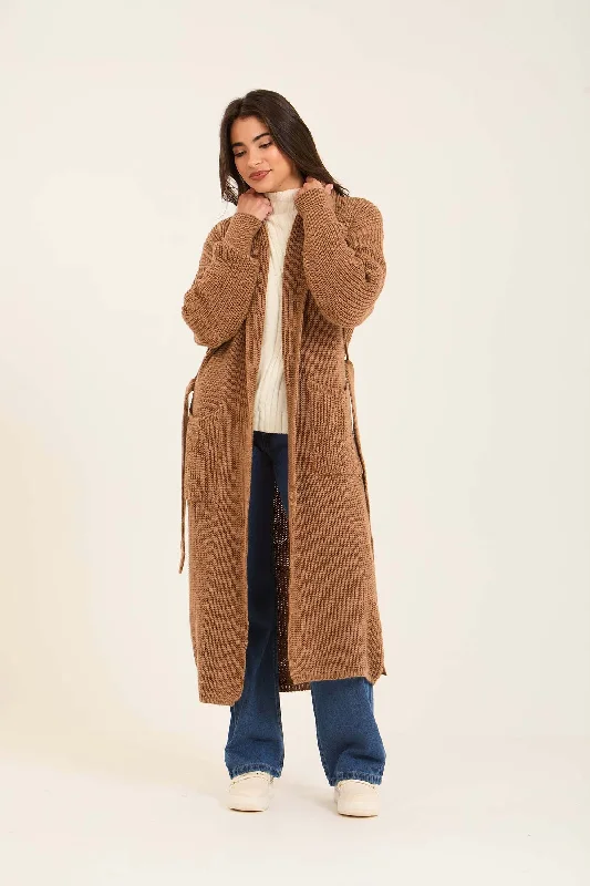 Women Long Cardigan with Belt - Brown Bright Pastel Dark