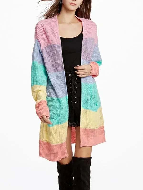 Long Rainbow Color Loose Women Cardigan Sweater Notch Collar Peter Pan Collar Cowl Neck