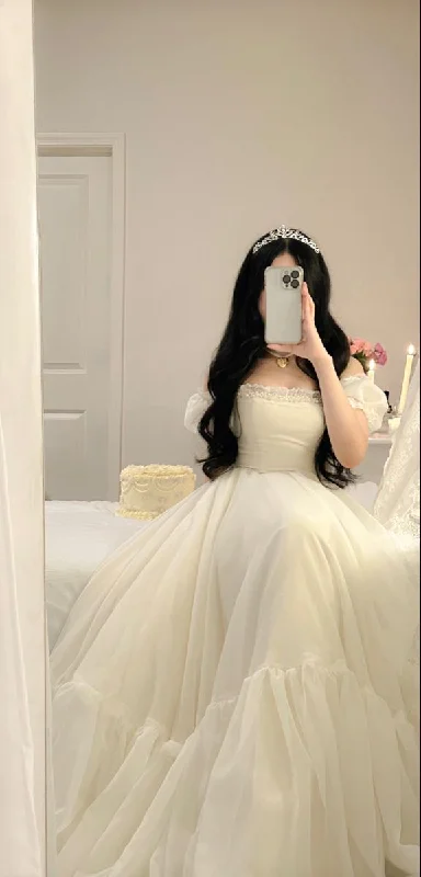Off Shoulder Ivory A-Line Chiffon Long Party Dress Birthday Dress, DP4254 Tunics Solid Classic