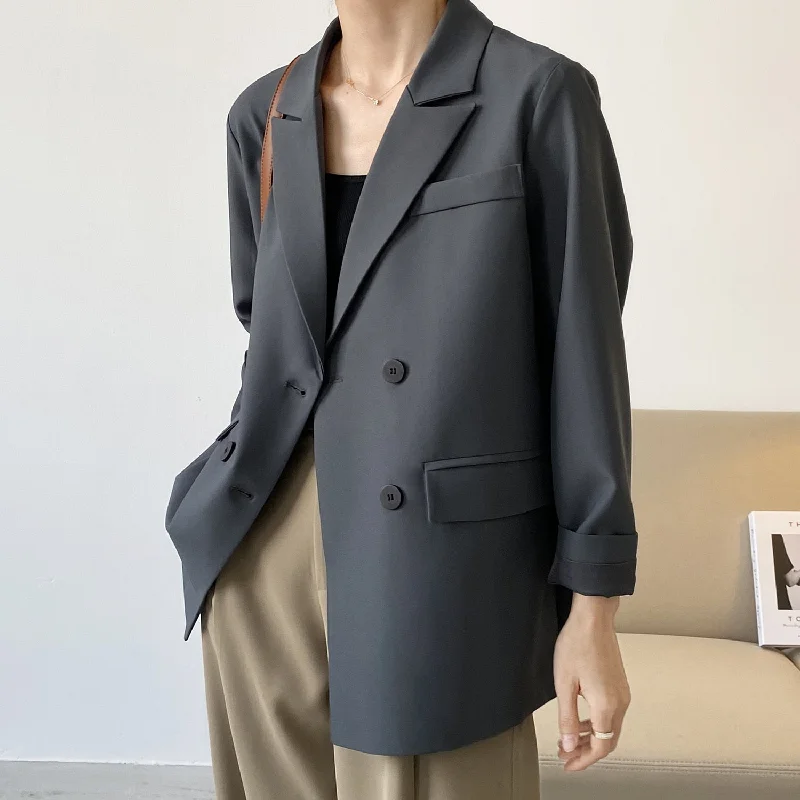 2022 Spring Basic Black Suit Jacket Women's Loose Long Sleeve Casual Oversized Blazer Suit Top V-neck Double Breasted Cardigan Tailored Straight A-Line 2022 Spring Basic Black Suit Jacket Women's Loose Long Sleeve Casual Oversized Blazer Suit Top V-neck Double Breasted Cardigan Tailored Straight A-Line