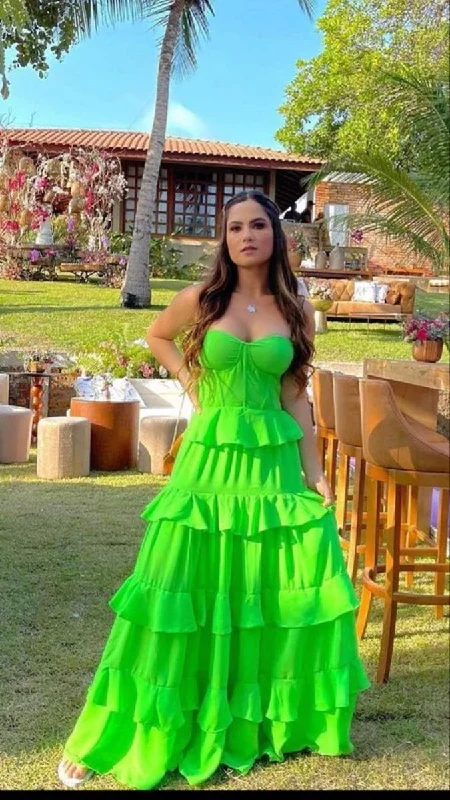 Charming Green Layered A Line Evening Dress Strapless Prom Dress Party Dress cc1599 Tunics Spring floral