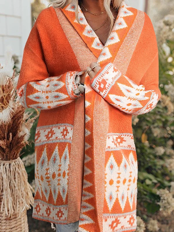 Aztec Print Orange Knit Duster Cardigan with Open Front Plaid Cardigan Polka Dot Checkered
