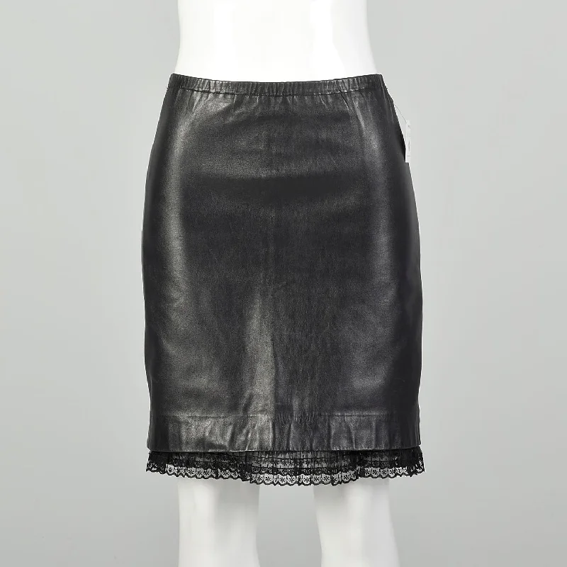 XS 1990s Leather Skirt Black Sexy Peekaboo Lace Trim silk skirt smooth