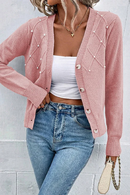 Textured Knit Pearl Beaded Button Up Cardigan Patchwork Embroidered Appliqued