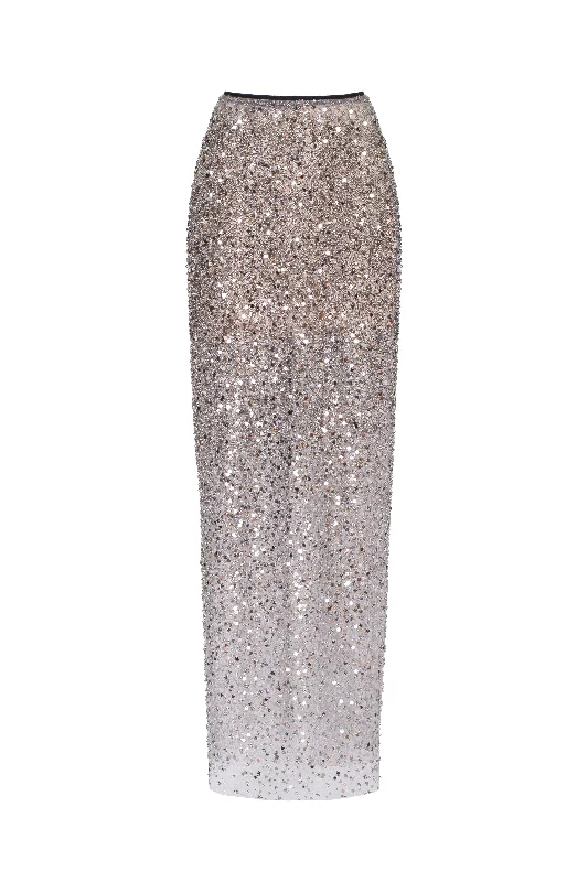 Showstopper fully sequined silver fitted maxi skirt, Midnight Walk leather skirt refined Showstopper fully sequined silver fitted maxi skirt, Midnight Walk leather skirt refined