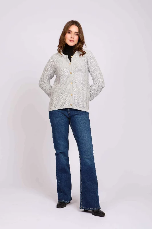 Women Regular Fit Cardigan - Grey Print Jacquard Patchwork