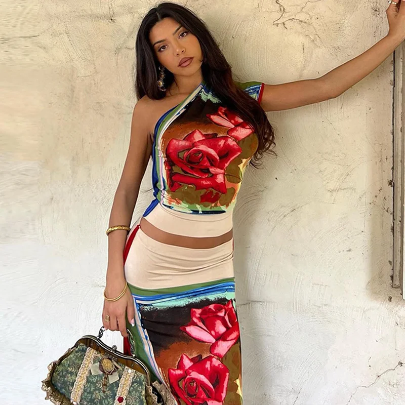 Women Sexy Irregular Off-Shoulder One Short Sleeve Top Side-Slit Midi Skirt Retro Floral Set cashmere skirt rich