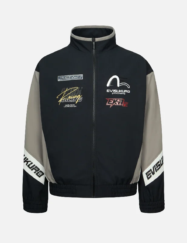 Multi-Logo Print Fashion Fit Racing Jacket Denim Fabric Leather Fabric Suede Fabric
