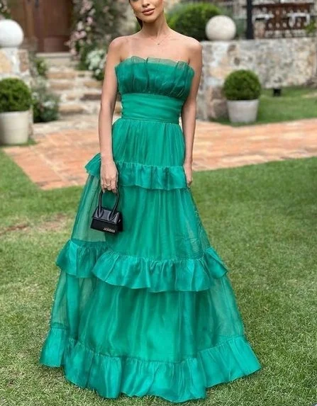 Green Strapless Tulle Layered Long Prom Dress A Line Evening Party Dress cc1520 Tunics Long Elegant