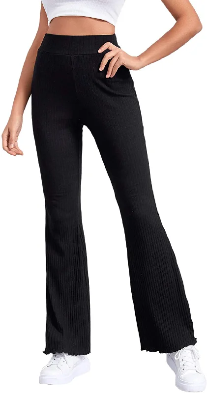 Verdusa Women's Elegant Ribbed Knit Elastic Waist Flare Leg Long Pants Casual Sweatpants Style