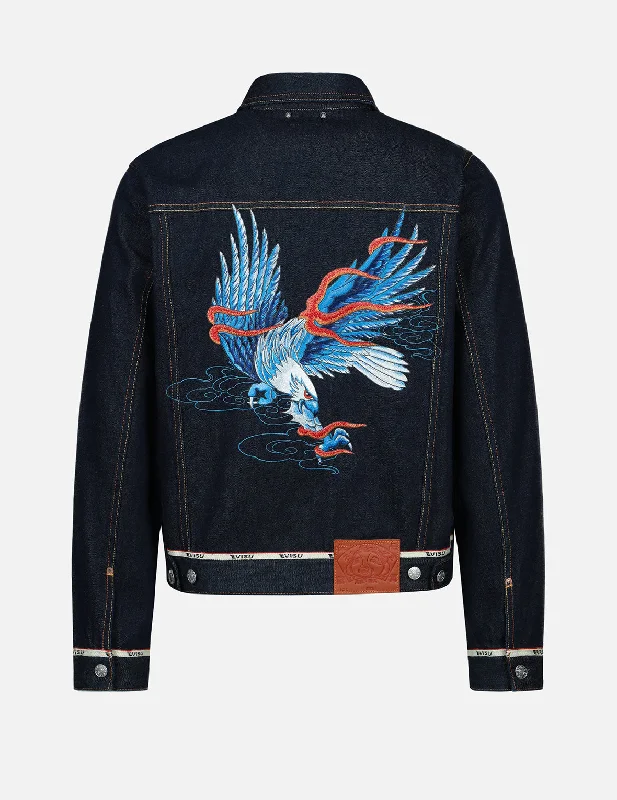 Seagull and Eagle Embroidered Denim Jacket Front Pockets Side Pockets Patch Pockets