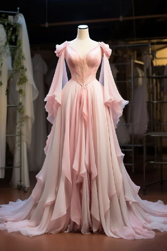 Gorgeous Pink A-Line Ruffles Chiffon Retro Long Formal Evening Party Dress, DP4448 Tunics Brand named
