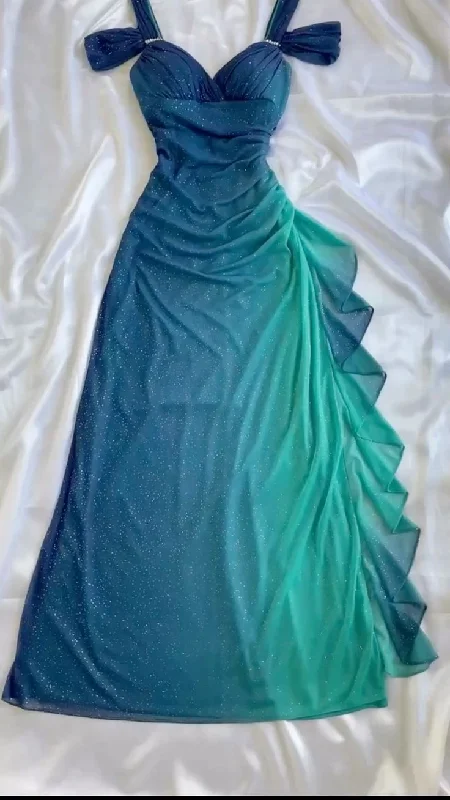 Vintage Ombre Straps Off Shoulder Ruffles Chiffon Long Party Dress, DP4386 Tunics Satin smooth
