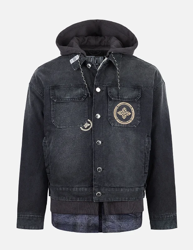 Multi-pocket and Layering Effect Relax Fit Trucker Jacket Denim Fabric Leather Fabric Suede Fabric