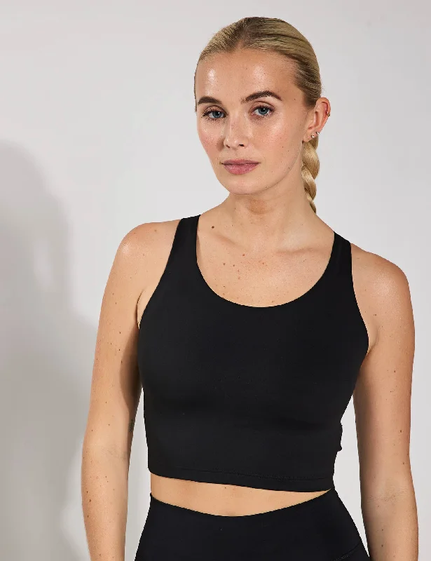 All Me Medium-Support Long Line Bra Tank Top - Black fitness tank top
