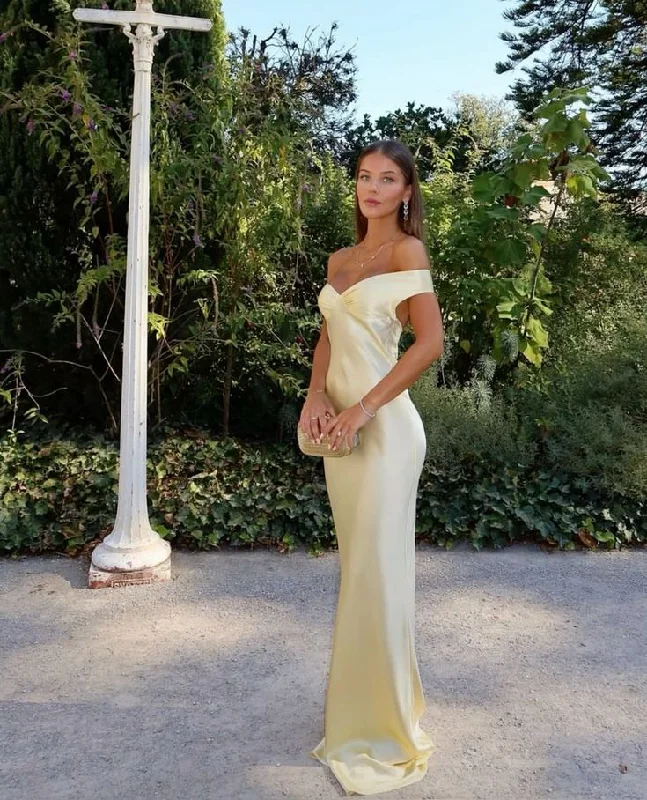 Light Yellow Off Shoulder Sheath Satin Long Party Dress Wedding Guest Dress, DP4420 Off-the-shoulder Bohemian Festive Light Yellow Off Shoulder Sheath Satin Long Party Dress Wedding Guest Dress, DP4420 Off-the-shoulder Bohemian Festive