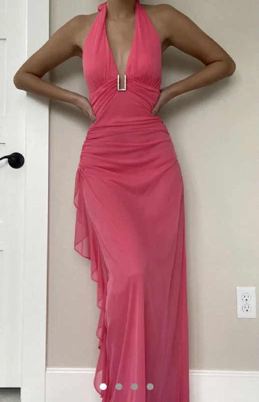 Pink V Neck Halter Vintage Long Party Dress Formal Evening Dress, DP4609 Boatneck Modish Everyday