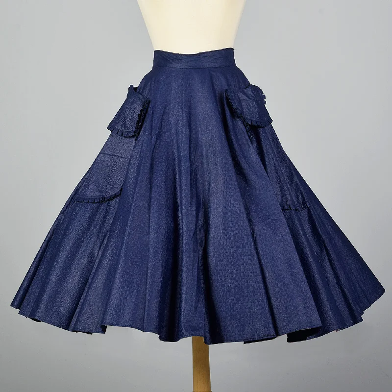 1950s Blue Circle Skirt with Patch Pockets asymmetrical skirt cut