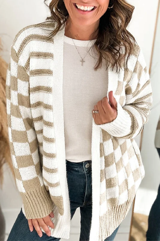 Gingham Striped Knitted Open Front Cardigan Layered Multi-layer Single Layer
