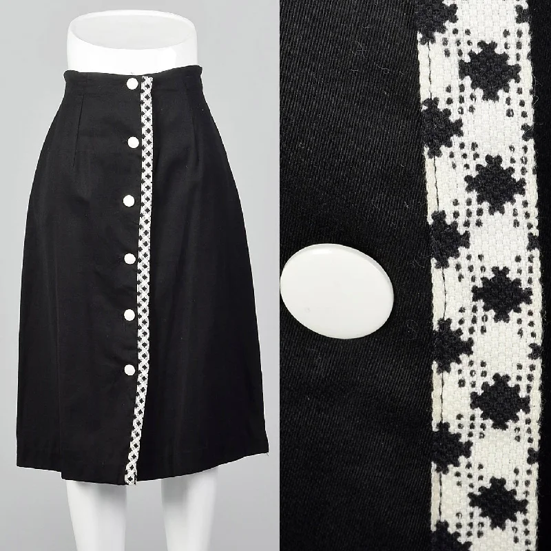 1960s Black Polished Cotton Skirt with White Trim floral skirt print