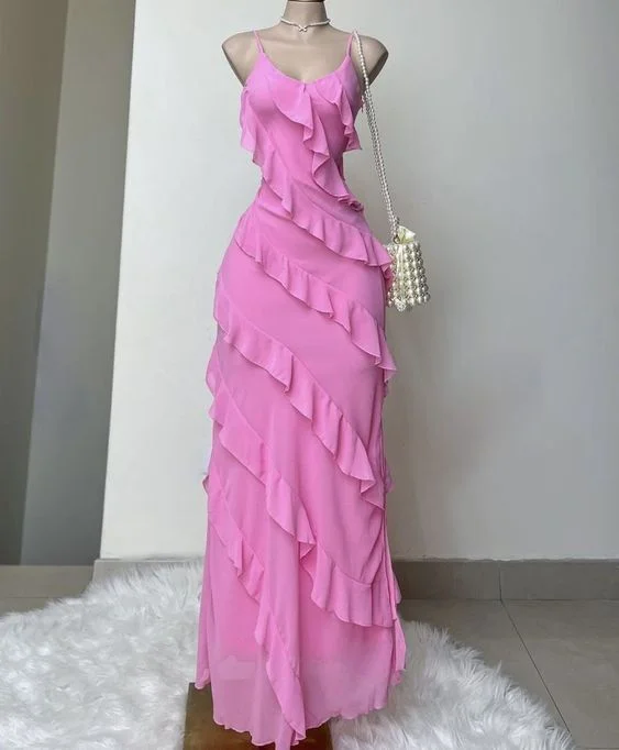 Chic Spaghetti Straps Pink Chiffon Ruffles Party Dress V Neck Prom Evening Dress cc1488 Tunics Office stylish