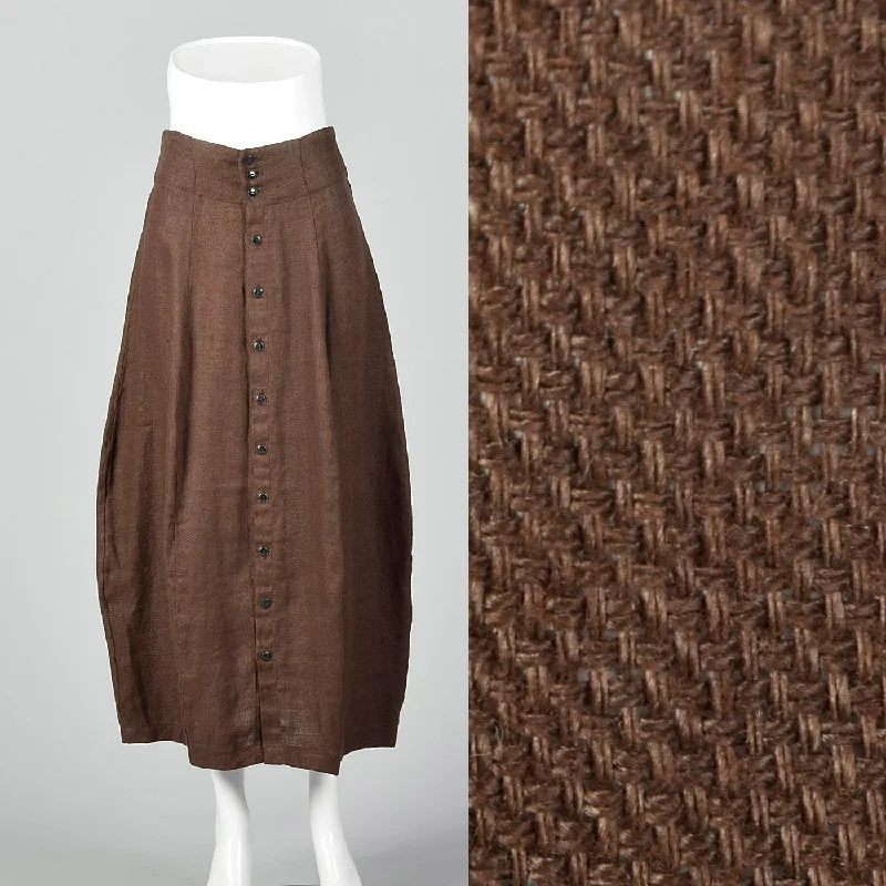 1990s Brown Linen Skirt with Button Front chiffon skirt airy