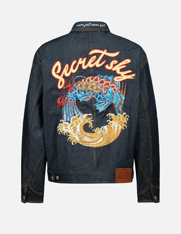 Koi Playing In Waves" Embroidery Denim Jacket Corduroy Jacket Velvet Jacket Brocade Jacket