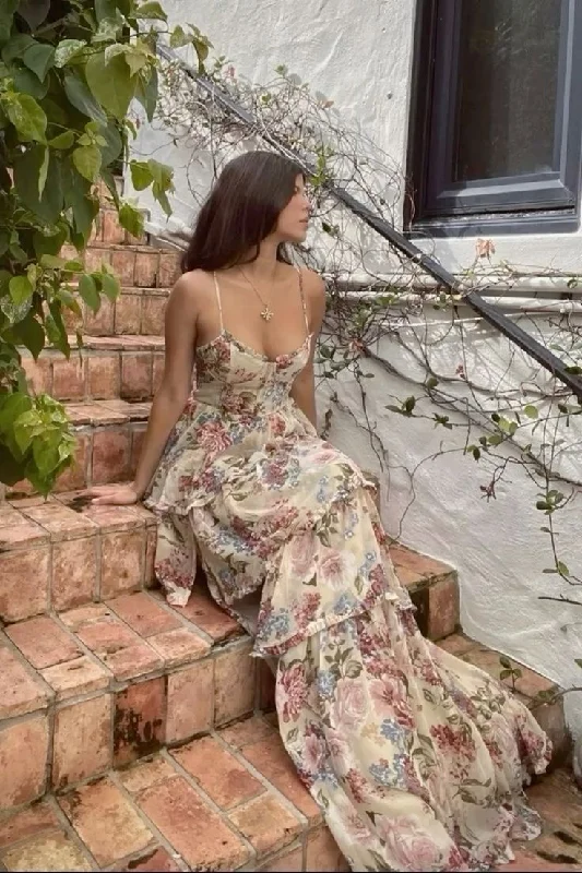 Vintage Print Floral Evening Dress A Line Layered Ruffles Prom Party Dress cc1629 Tunics Travel practical