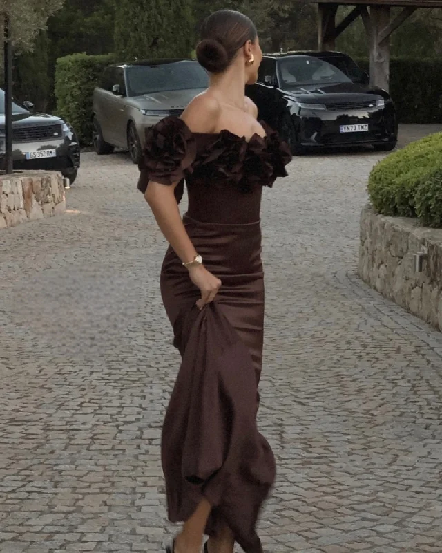 Fashion Brown Off The Shoulder Pleated Flowers Evening Dress Mermaid Prom Party Dress cc1566 Tunics Trendy modern