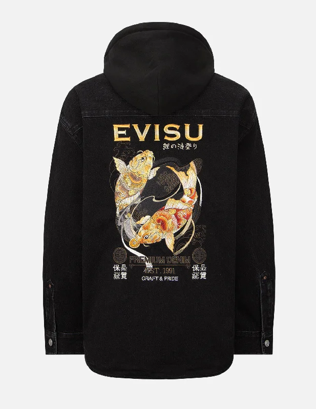 Tattoo Koi Embroidery Denim Shirt Jacket with Detachable Hood Print Jacket Jacquard Jacket Embroidered Jacket